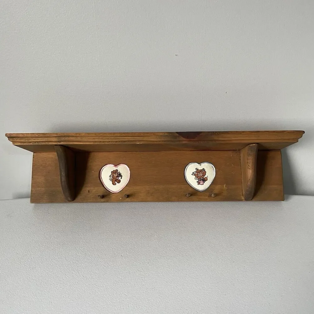 Vintage 1990's Wood Wall Shelf Cross-stitch Hearts Detail Cottagecore Country